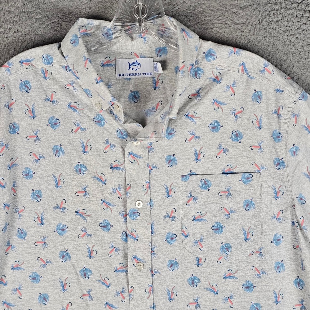 Southern Tide Button Down Mens L Gray Fly Fishing Print Performance Style 9891